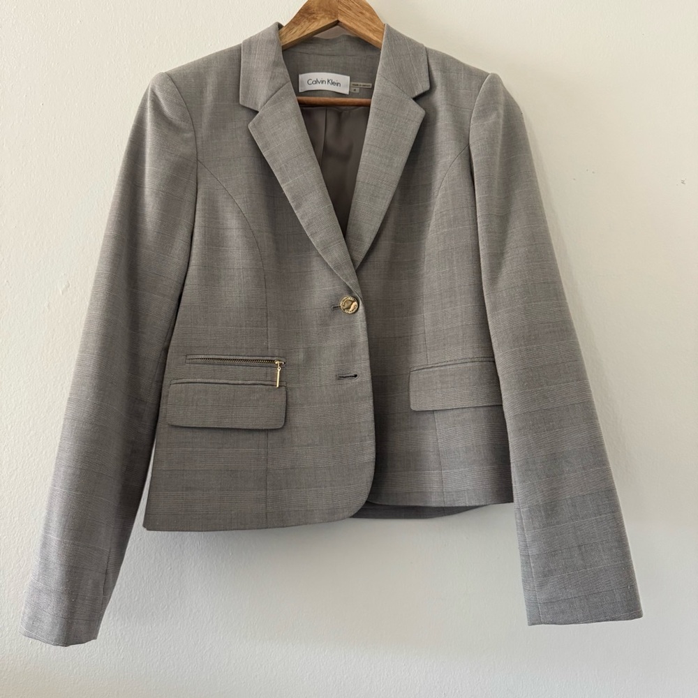 Calvin Klein Gray Plaid Double-Button Blazer